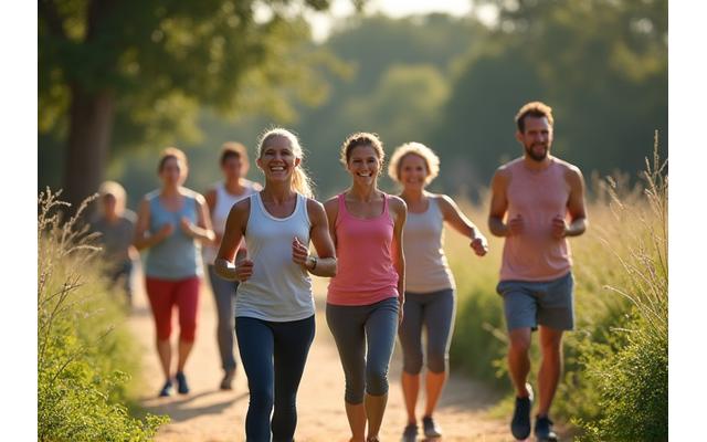 A diverse group of adults aged 35+ in Austin engaged in various wellness activities outdoors, representing holistic well-being.