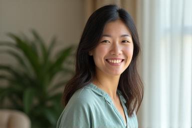 Portrait of Sarah Chen, a calm and empathetic licensed mental health counselor.