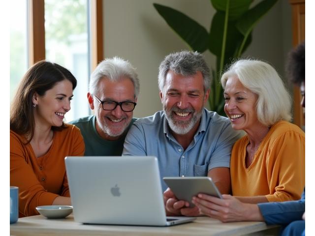 Group of diverse Austin adults participating in an online wellness forum on laptops and tablets, engaged and smiling.