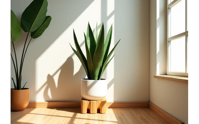 A vibrant snake plant (Sansevieria trifasciata) in a stylish ceramic pot, bathed in warm, soft sunlight indoors, suggesting clean air and natural aesthetics.