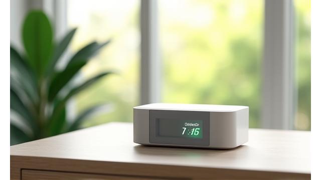 A sleek, minimalist air quality monitor displaying clear readings, placed on a light wooden table next to a window with a green plant in the background, suggesting fresh air.
