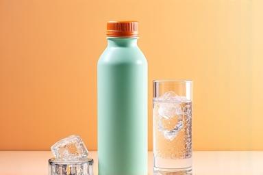 A sleek bottle of electrolyte blend with a vibrant orange label, next to a glass of water with ice, symbolizing hydration in heat.