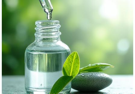 A glass dropper bottle of hydrating serum, with a single dew drop on its tip, next to a fresh, dewy leaf, emphasizing natural hydration.