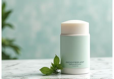 A stick of natural deodorant with botanical ingredients visible, placed on a textured stone surface, evoking freshness and natural purity.