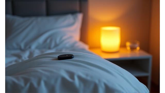 A subtle sleep tracking device resting on a crisp white pillow, beside a bedside table with a warm, glowing lamp – conveying restful sleep and data.