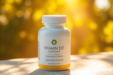 A small white bottle of Vitamin D3+K2 capsules, placed on a sun-drenched wooden surface with light filtering through leaves, indicating natural light and bone support.