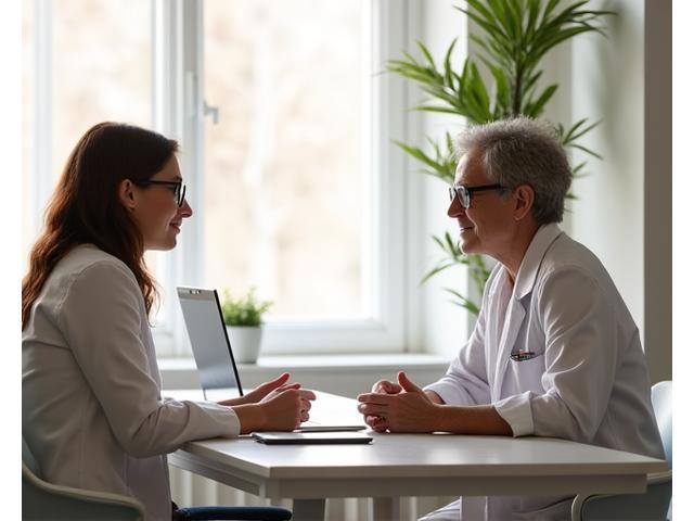 A wellness expert and a client engaged in a one-on-one, empathetic consultation in a bright, modern office setting. Focus on connection and guidance.