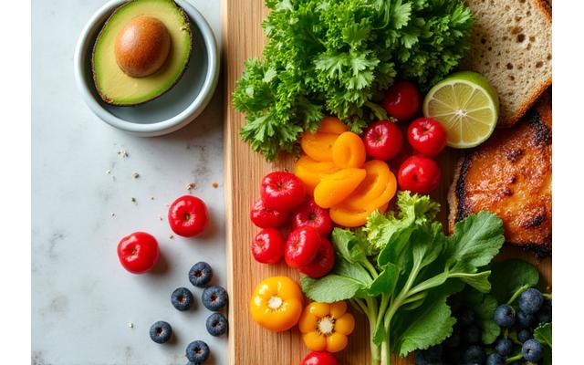 Fresh, vibrant ingredients arranged artfully on a cutting board, symbolizing healthy, personalized nutrition.