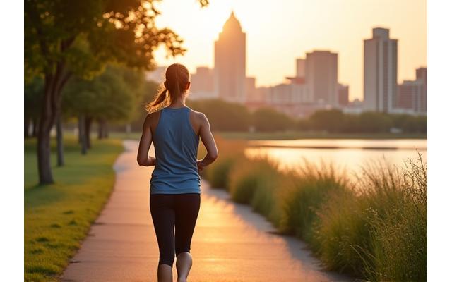 Person comfortably jogging at Lady Bird Lake in Austin during a warm day, illustrating heat management.