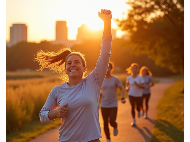 Diverse group of healthy adults engaged in outdoor activities in Austin, with the city skyline in background, symbolizing vitality and community.