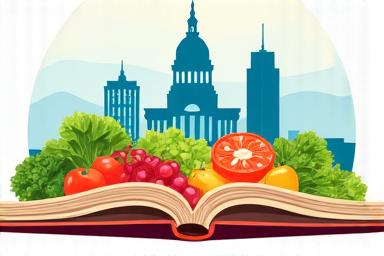Illustration of healthy food menu with Austin landmarks in background.