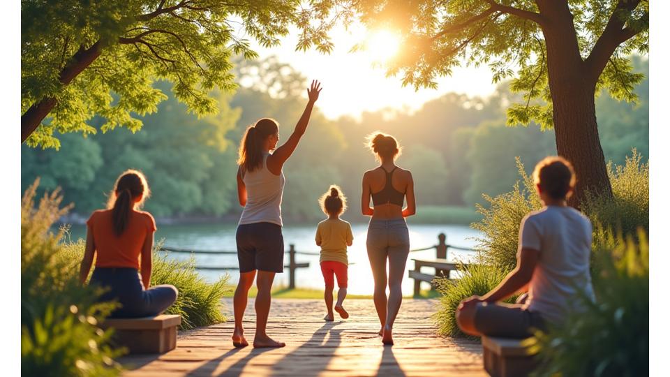 Diverse group of adults in Austin engaged in various wellness activities like yoga, healthy cooking, and meditation.