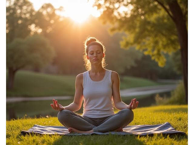 A person practicing mindfulness meditation outdoors in an Austin park, with Barton Springs pool in the background.