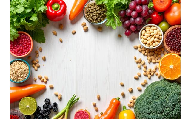 Healthy, vibrant ingredients like fresh fruits, vegetables, and whole grains arranged artfully on a table.