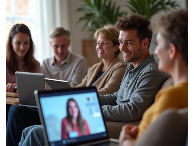 Illustration of people learning virtually on laptops and tablets with serene green and blue colors