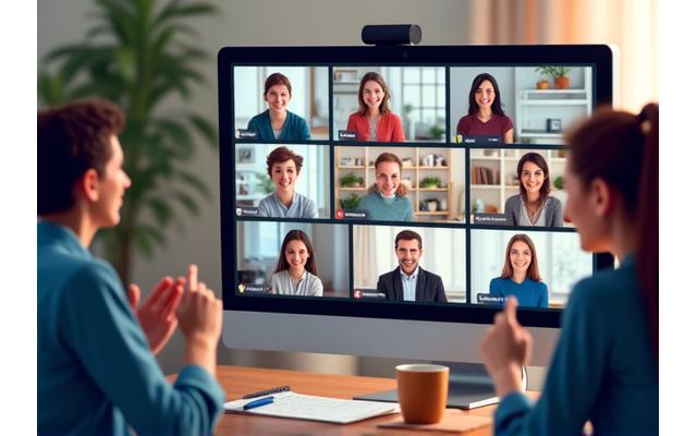 Diverse group of adults engaging in an online workshop, smiling, with a facilitator on screen.