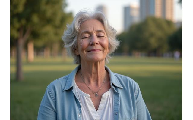 Woman meditating calmly in an urban setting, representing peace amidst city life.