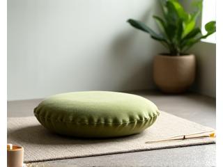 A plush meditation cushion with incense and a small plant.