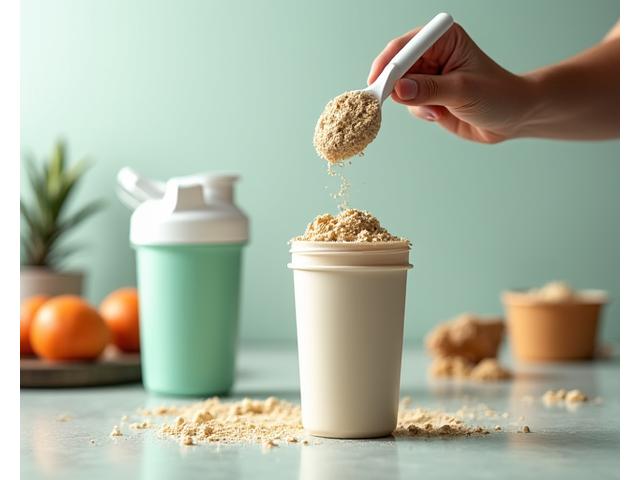 Protein powder scoop and shaker bottle.