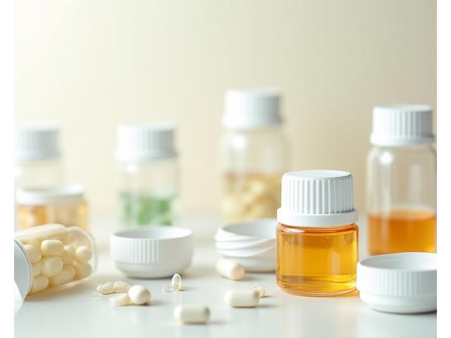 Vitamin C supplements and other health capsules arranged neatly.